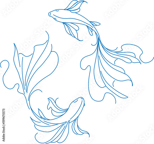 Koi fishes line drawing silhouette. Pisces zodiac sign contour illustration