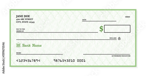 Blank bank check. Generic American cheque template vector design.