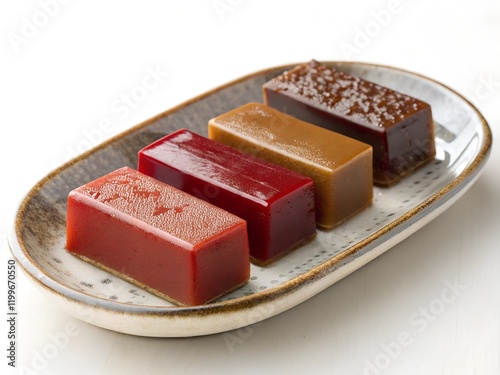 
Japanese dessert - yokan, 4 types of sweets, classic serving on a plate, isolated on white background photo