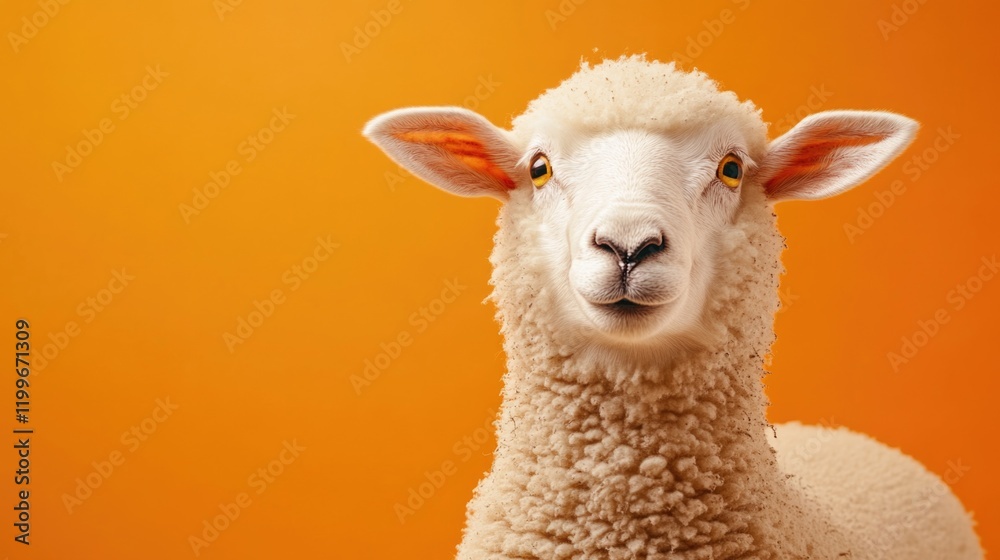 Fototapeta premium A sheep with a joyful expression, standing against an orange background.