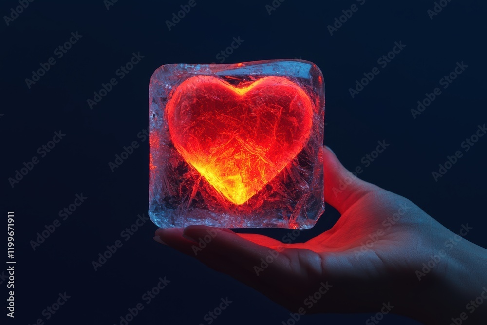 A symbolic Valentine s Day image of a red heart glowing within a crystal-clear ice block, blending warmth and cool elegance A symbolic Valentine s Day image of a red heart glowing within a crystal-clear ice block, blending warmth and cool elegance