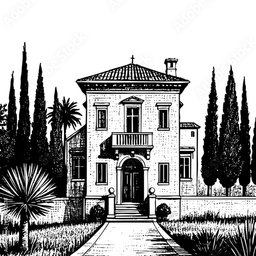 Retro villa sketch engraving black and white outline. Scratch board imitation.
