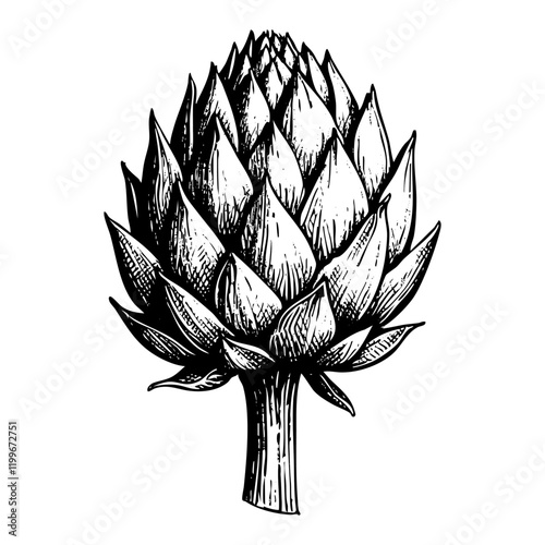 Artichoke sketch engraving black and white outline. Scratch board imitation.  illustrated in vintage line art style on a white background.
