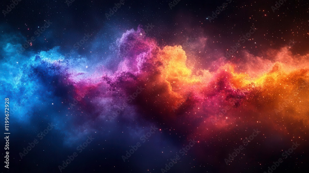 Fototapeta premium A vivid cosmic scene featuring swirling clouds of blue, purple, orange, and red, resembling a colorful nebula in the depths of space.