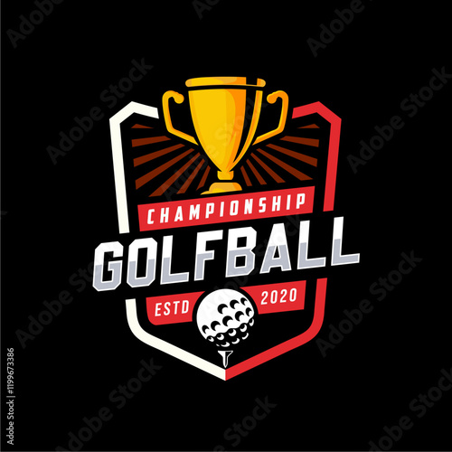 Badge emblem golf club, golf championship logo with golf ball and crossed golf sticks vector