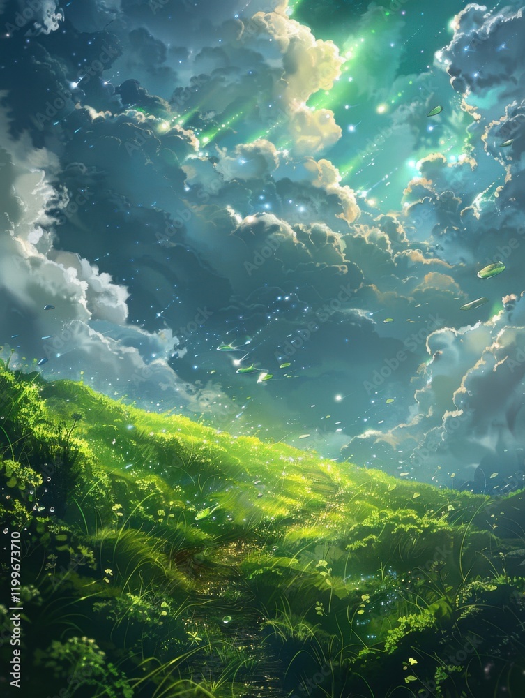 Enchanted Meadow Under a Shower of Shooting Stars: A Dreamlike Landscape Enchanted Meadow Under a Shower of Shooting Stars: A Dreamlike Landscape