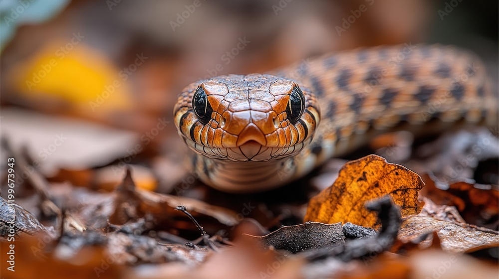 Fototapeta premium Close-up of snake's head, autumn leaves.