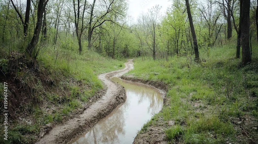 Muddy trails and scenic adventures. Winding stream through lush green forest landscape. Muddy trails and scenic adventures. Winding stream through lush green forest landscape.