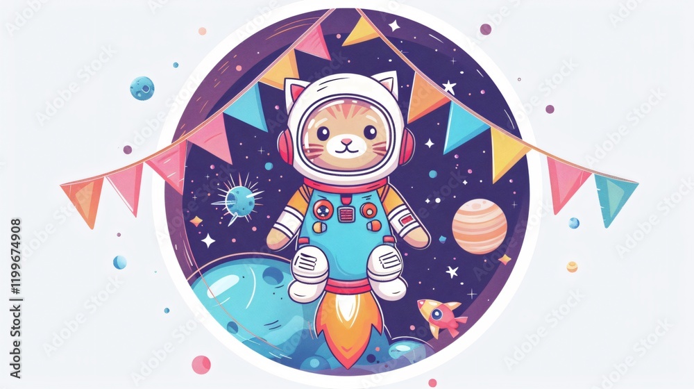 Fototapeta premium Cute Astronaut Cat in Spacesuit Decorates Space