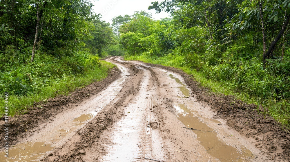 Muddy trails and scenic adventures. Winding muddy road through lush greenery after rain. Muddy trails and scenic adventures. Winding muddy road through lush greenery after rain.