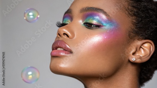 A dynamic image of an individual whose iridescent eyeshadow is a spectrum of shimmering colors reminiscent of a soap bubble. The glossy finish on their skin enhances their striking photo