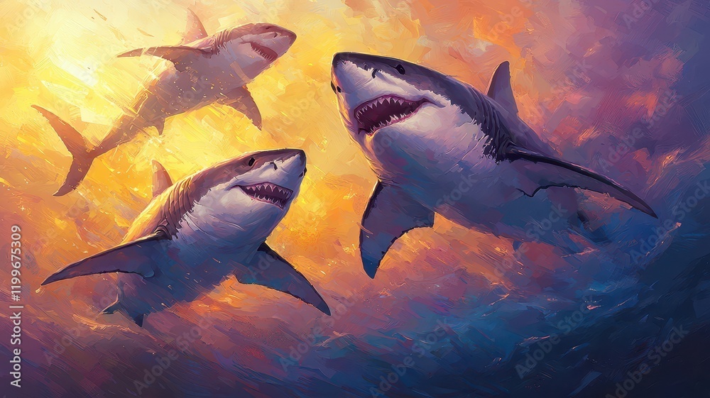 Obraz premium Three sharks swimming in vibrant ocean waters.