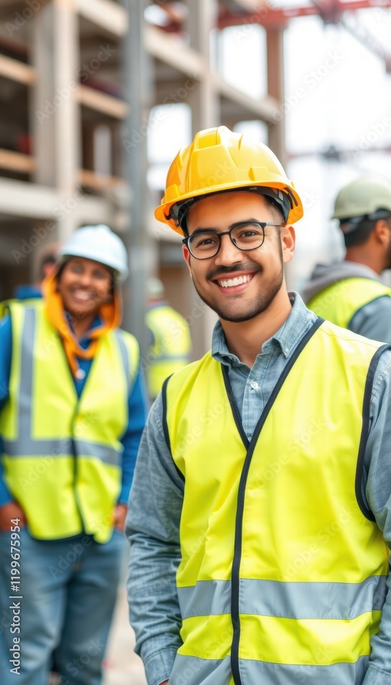 A man in a yellow vest is smiling for the camera A man in a yellow vest is smiling for the camera