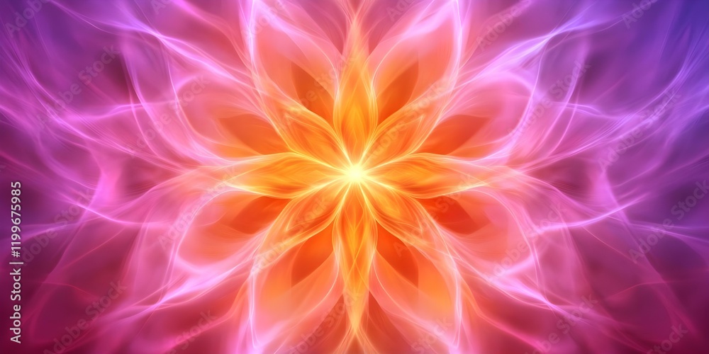 A vibrant, symmetrical flower-like pattern featuring bright orange and pink hues with glowing outlines and a radiant center. Concept Vibrant Flower Pattern, Symmetrical Design A vibrant, symmetrical flower-like pattern featuring bright orange and pink hues with glowing outlines and a radiant center. Concept Vibrant Flower Pattern, Symmetrical Design