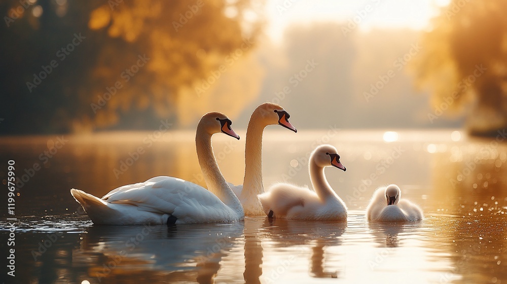 Fototapeta premium Serene Swan Family at Golden Hour