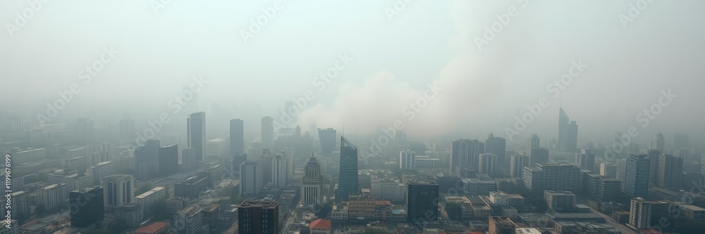 Aerial view of a polluted city with smoke and haze in the air, dirty air, industrial landscape