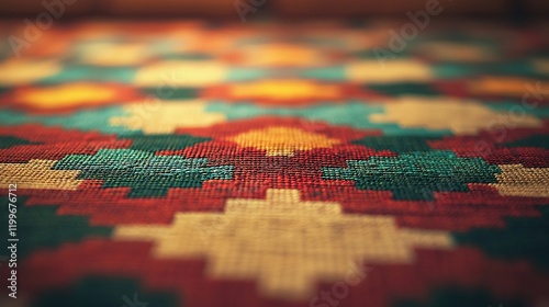 close-up shot of a traditional tapestry with vibrant woven patterns, showing the fine detailing of the threads. Close-up, pattern, details, textiles 