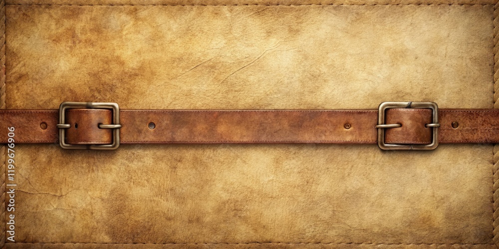 Aged parchment background with subtle wood grain texture featuring worn leather straps and metal clasps, parchment texture, metal clasps, wood grain, distressed leather, antique leather