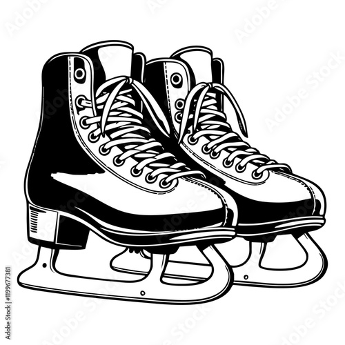 Ice skating shoe engraving black and white outline. Scratch board imitation.  illustrated in vintage line art style on a white background.
