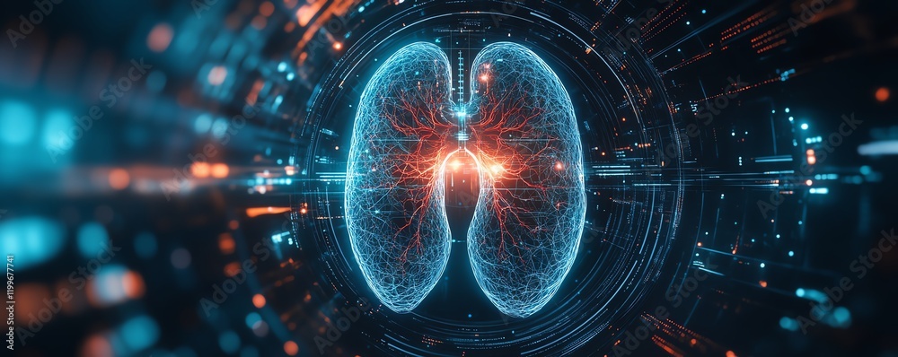 Obraz premium Futuristic digital illustration of lungs, intricate vein network, and holographic interface, combining biology and digital innovation in a hightech style