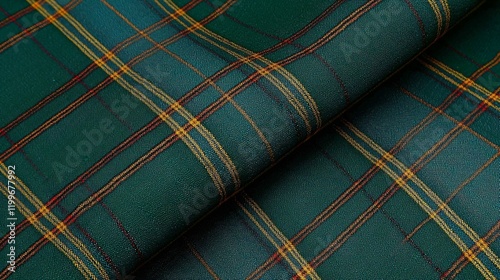 shot of a plaid textile, showing the intersecting lines and carefully woven pattern in the fabric. Close-up, pattern, details, textiles 