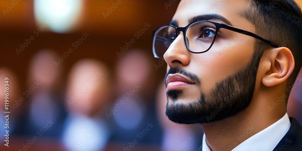 Fototapeta premium A young man with glasses and a beard, looking thoughtfully, possibly in a formal or courtroom setting with blurred figures behind him. Concept Young Man with Glasses, Thoughtful Expression