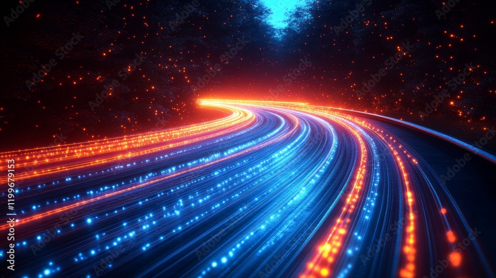 Glowing blue and orange light trails curve on a dark road through a forest at night. Glowing blue and orange light trails curve on a dark road through a forest at night.