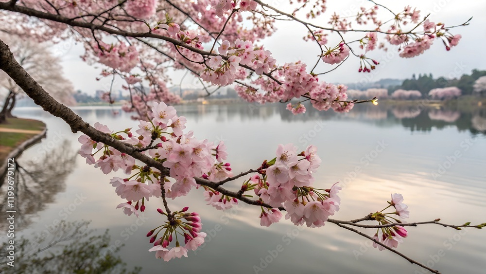 Fototapeta premium beautiful cherry blossom branch with delicate pink sakura flowers near the lake