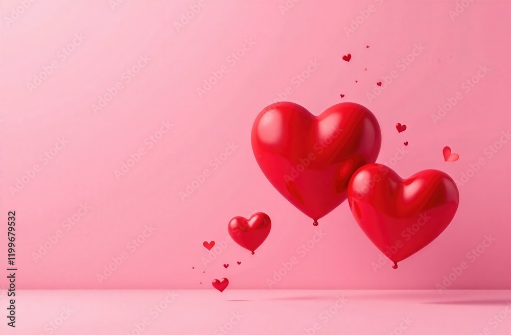 Valentine card with red shiny hearts in minimal style on pastel pink background. Valentine card with red shiny hearts in minimal style on pastel pink background.