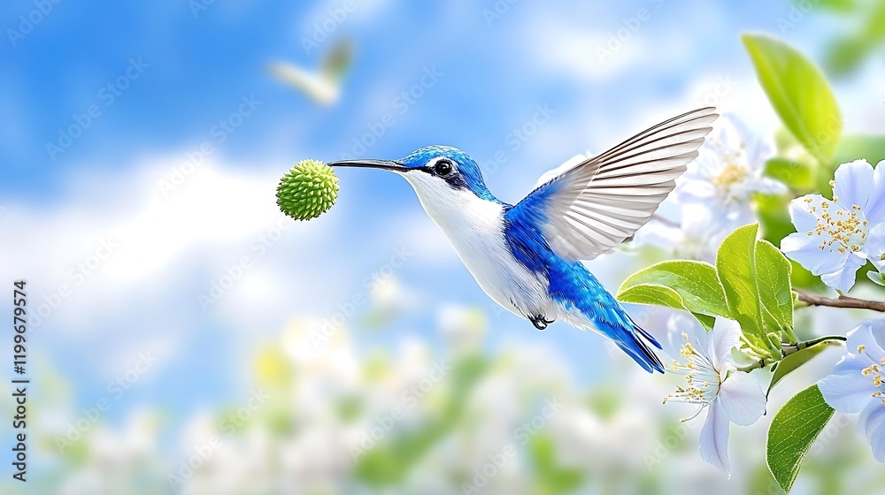 Fototapeta premium Hummingbird in Flight Spring Blossoms Blue Bird Nature