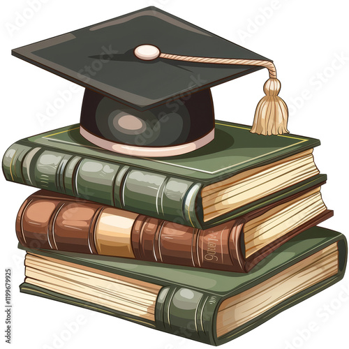 Graduation Cap on Books: A traditional black graduation cap rests atop a stack of aged leather-bound books, signifying the culmination of education and the pursuit of knowledge.