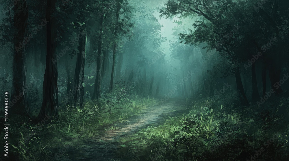 Fototapeta premium Mystical Forest Path Enveloped In Misty Green