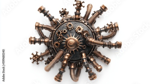 A steampunk-inspired virus design with metallic textures, intricate gears, and tubing, isolated on white background