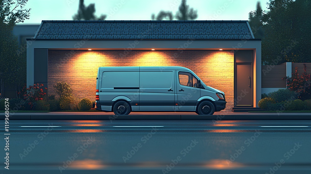Fototapeta premium Cargo van waiting at logistic center, delivery minivan prepped for route, transportation concept — копия