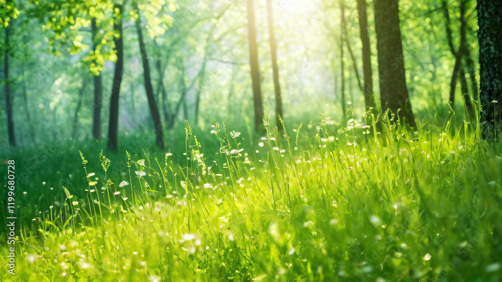 Fototapeta premium grass with flowers and sun in forest