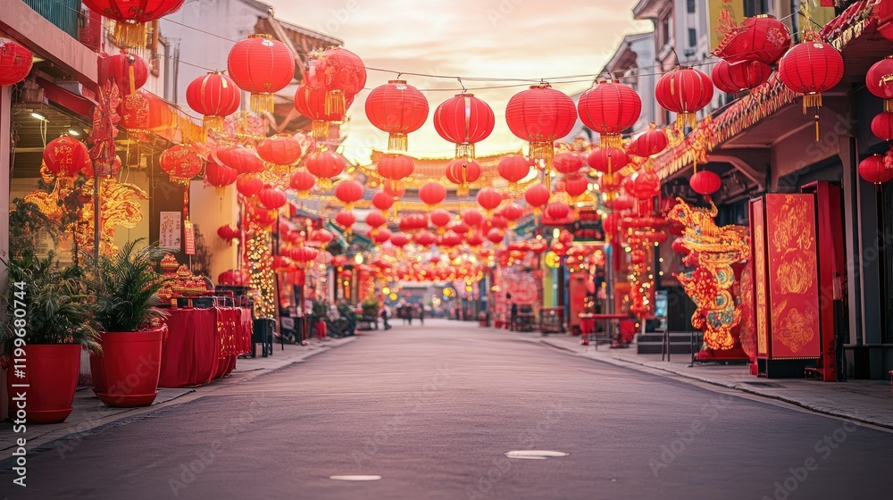 A vibrant street scene with red lanterns and decorations for Chinese New Year A vibrant street scene with red lanterns and decorations for Chinese New Year