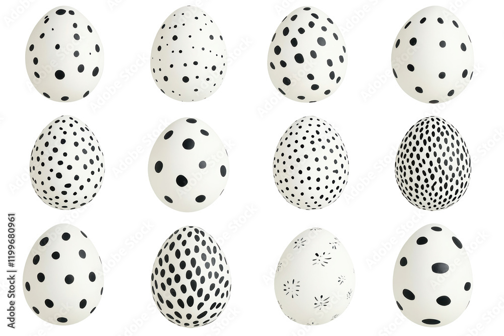 Easter Eggs Collection: Twelve uniquely designed Easter eggs, each adorned with a distinct black polka dot pattern, offer a stylish and modern take on traditional Easter decorations. Easter Eggs Collection: Twelve uniquely designed Easter eggs, each adorned with a distinct black polka dot pattern, offer a stylish and modern take on traditional Easter decorations.