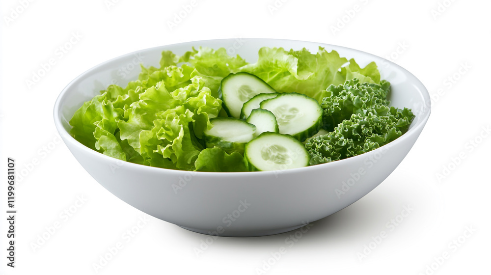 Fresh green vegetable salad with lettuce, cucumber, and scallions in a white bowl, ideal for healthy eating and diet concepts Fresh green vegetable salad with lettuce, cucumber, and scallions in a white bowl, ideal for healthy eating and diet concepts