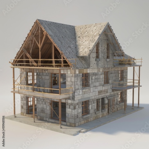 Stone house construction, scaffolding, progress, rendering, architecture, studio,  background, real estate