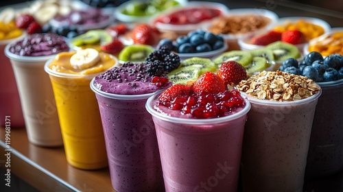 Jamba Juice Acai Smoothie Bowls on a large table, each bowl filled with deep acai puree and topped with sliced bananas, strawberries, blueberries, and kiwis