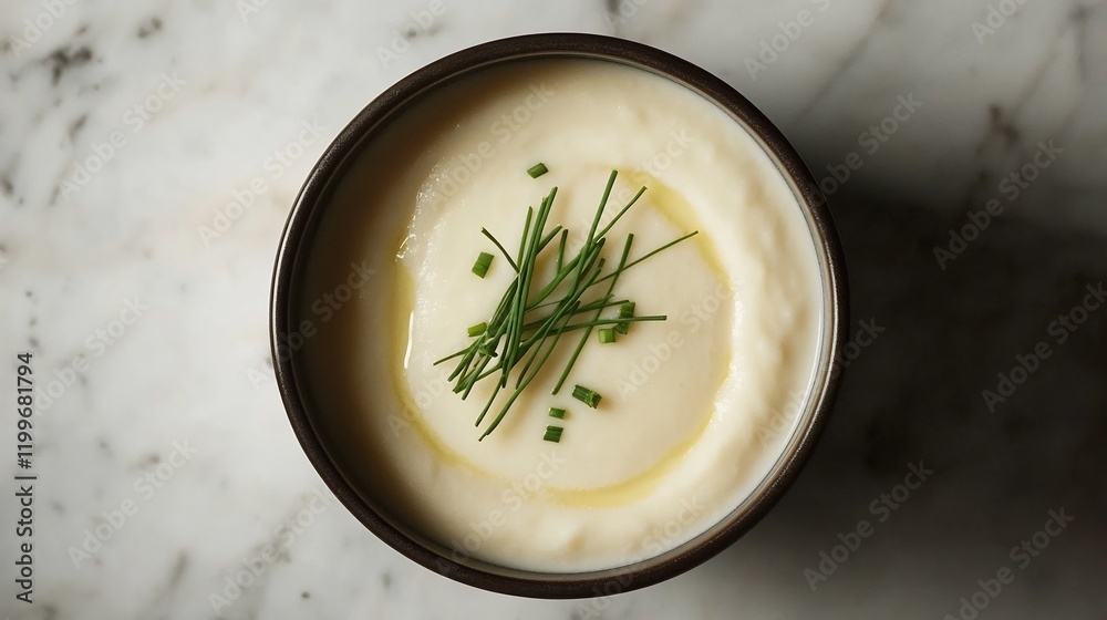 Bowl of creamy vichyssoise garnished chive captured above minimalist style Bowl of creamy vichyssoise garnished chive captured above minimalist style