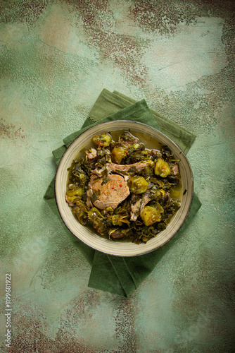 chakapuli, Georgian dish, stewed meat with herbs and tkemali, in white wine, homemade, no people, photo