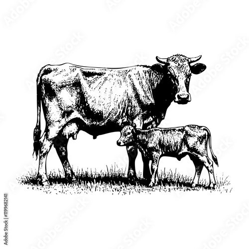 Cow and calf sketch engraving black and white outline. Scratch board imitation.  illustrated in vintage line art style on a white background.