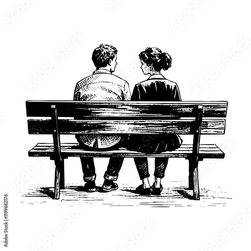 couple fall in love sitting on bench park sketch engraving black and white outline. Scratch board imitation.  illustrated in vintage line art style on a white background.
