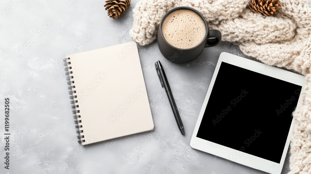 Fototapeta premium A notebook, pen, and tablet are on a table