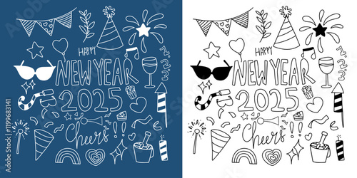 set of popular happy new year doodles element different design stock