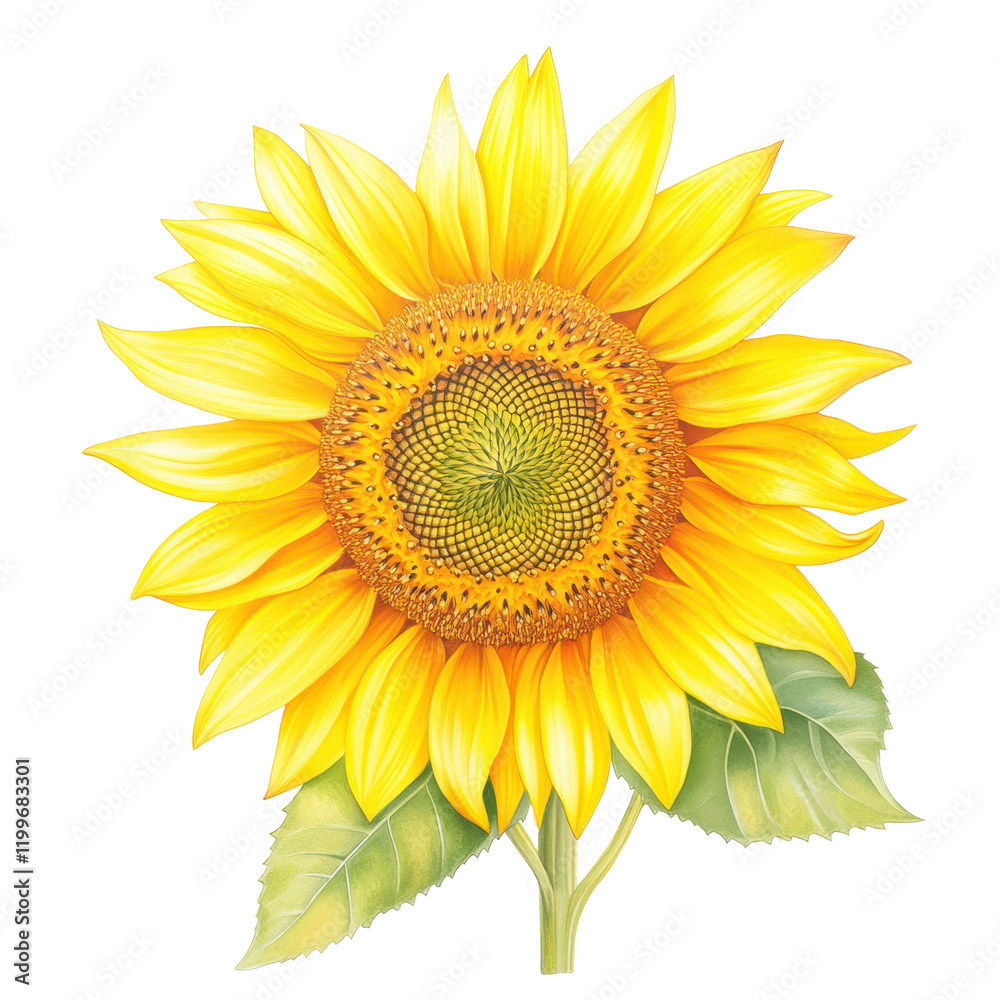 Fototapeta premium Radiant Sunflower: A vibrant, detailed illustration of a single sunflower, showcasing its bright yellow petals and dark brown center, exuding warmth and positivity. 