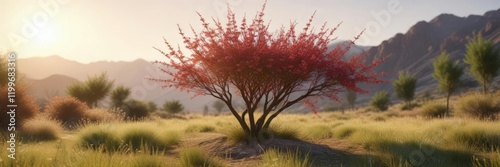 A stunning tamarisk flower rises from a bed of soft grass in a peaceful landscape, nature, tranquility photo