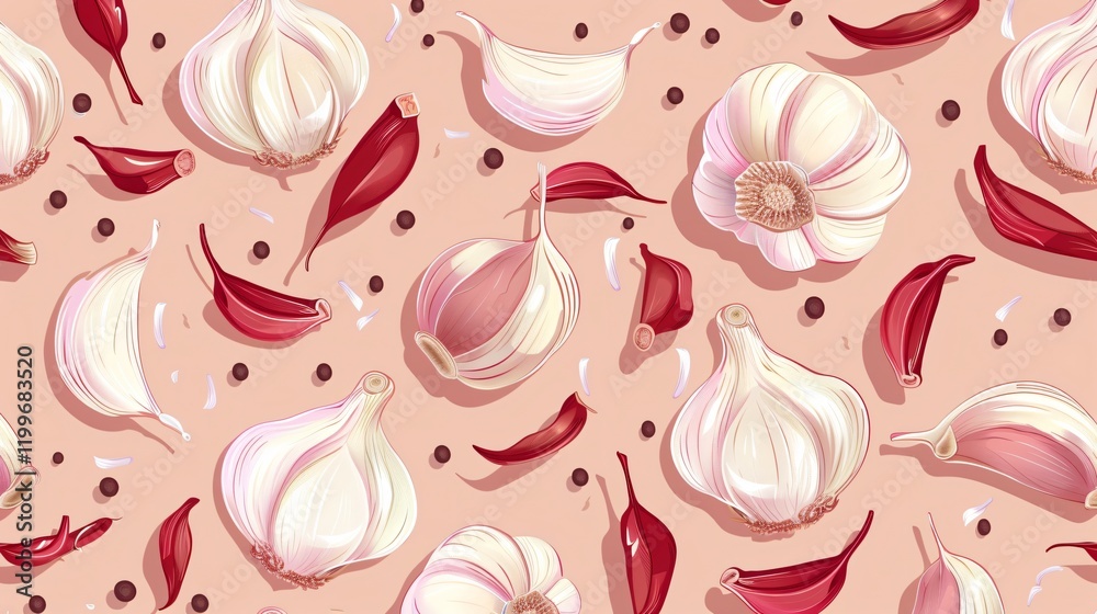 Garlic Bulb and Clove Seamless Pattern in Cartoon Style