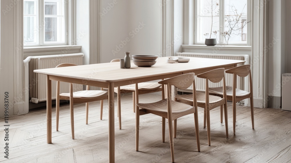 Light Wood Dining Table With Matching Chairs In Bright Room Light Wood Dining Table With Matching Chairs In Bright Room